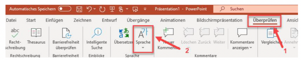 Screenshot von MS PowerPoint, der das Suchfeld zeigt.