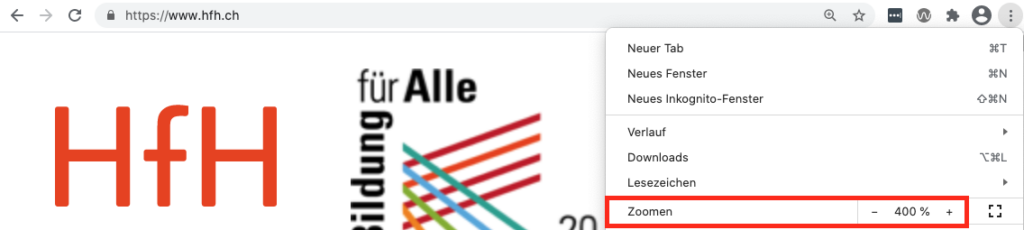 Screenshot di una finestra del browser Google Chrome, i tre puntini in alto a destra aprono il menu. Nel menu, l'opzione "Zoom" è contornata in rosso e l'impostazione è del 400%