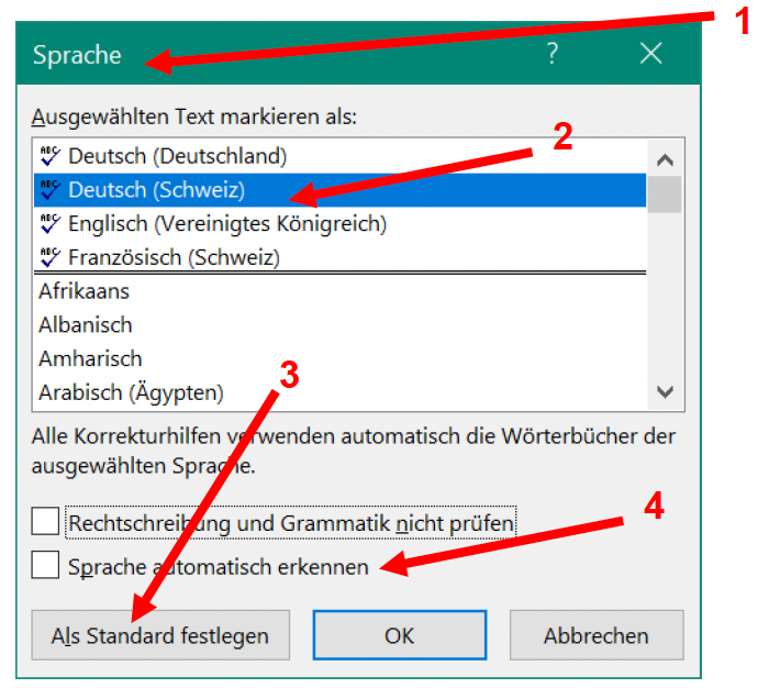 Schermata di MS Word che mostra la finestra "Lingua". È possibile selezionare diverse lingue da un elenco, tra cui "Tedesco (Svizzera)". Sotto l'elenco delle lingue si trova il pulsante "Imposta come predefinita", che è evidenziato.