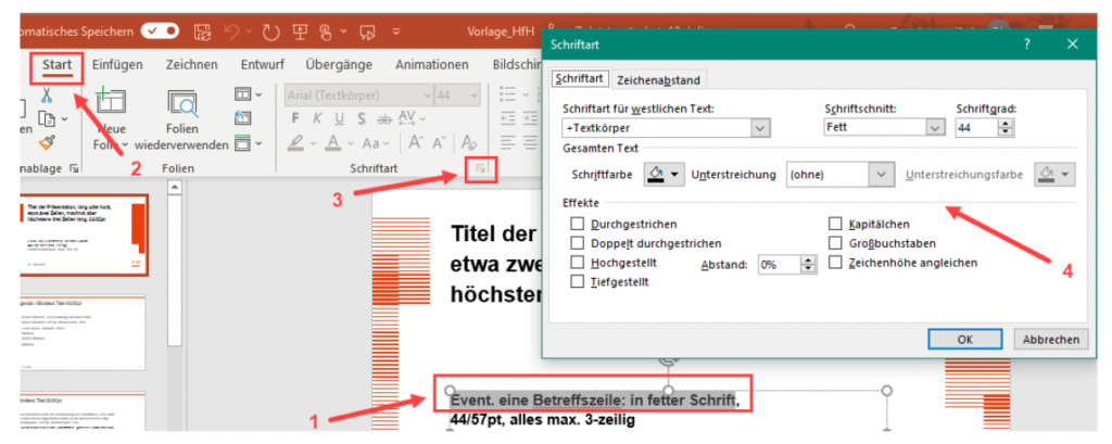 Schermata di MS PowerPoint che mostra la formattazione del carattere.