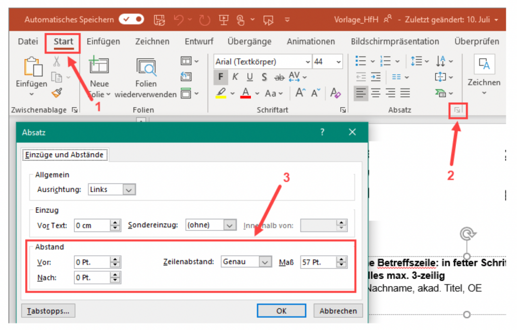 Schermata di MS PowerPoint che mostra la regolazione dell'interlinea.