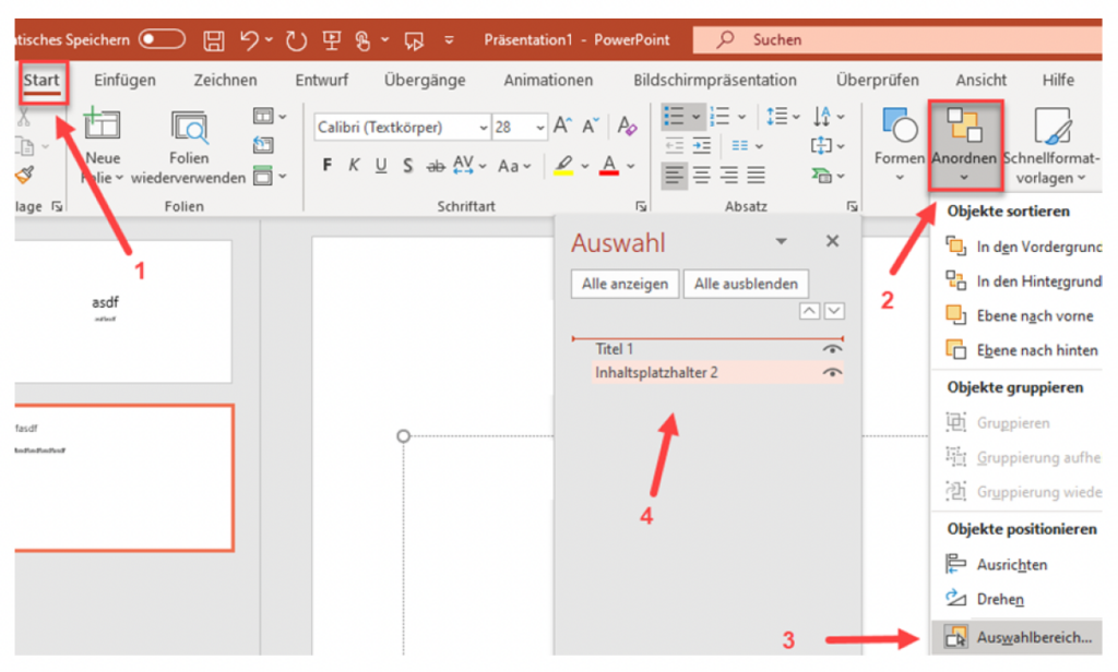 Schermata di MS PowerPoint che mostra l'ordine di lettura.