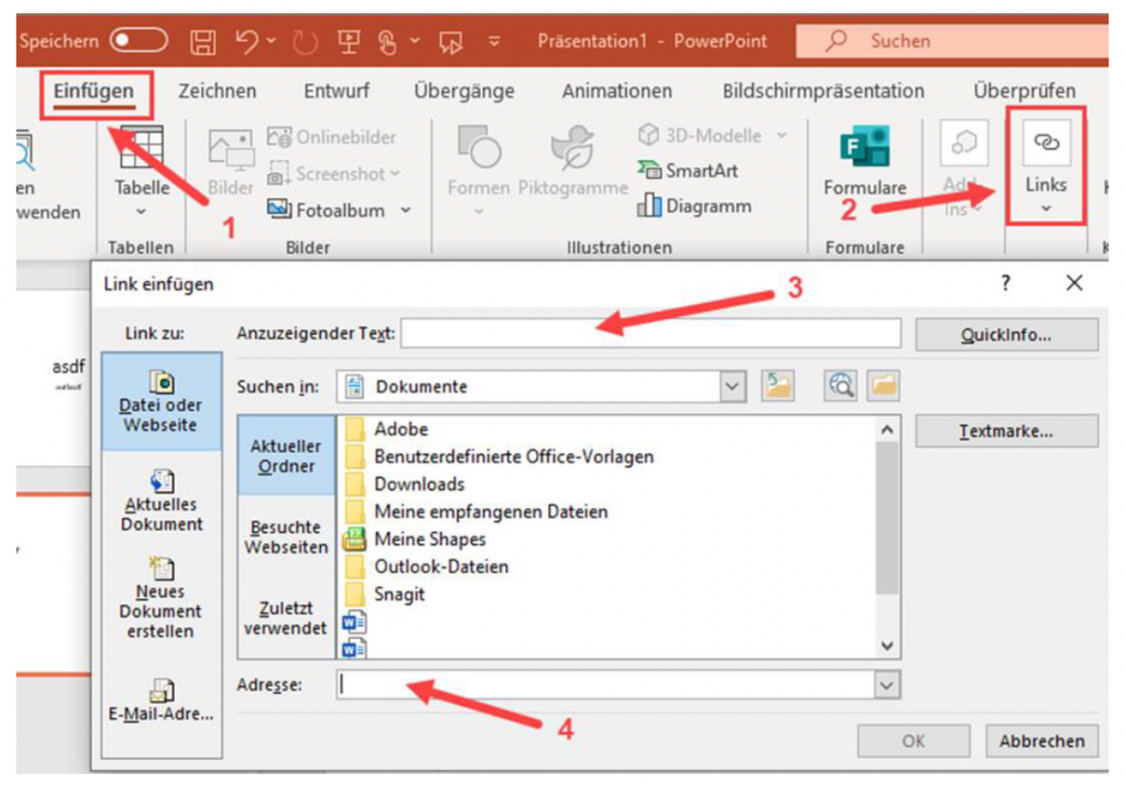 Schermata di MS PowerPoint che mostra la finestra "Inserisci collegamento" per la formattazione del collegamento.