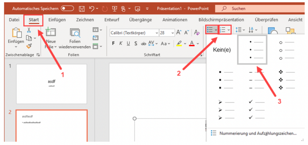 Schermata di MS PowerPoint che mostra i passaggi descritti.