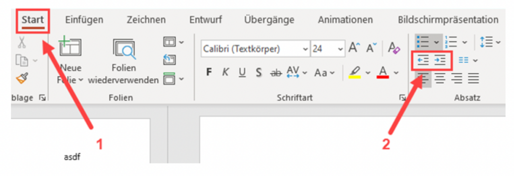 Schermata di MS PowerPoint che mostra i passaggi precedenti.