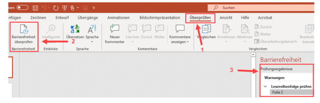 Schermata di MS PowerPoint che evidenzia la scheda "Revisione" e il pulsante "Verifica accessibilità" nella barra multifunzione. Nella schermata si può notare che la sezione "Verifica risultati" si trova nell'area "Accessibilità". Come risultati del controllo vengono visualizzati errori, avvisi e suggerimenti.