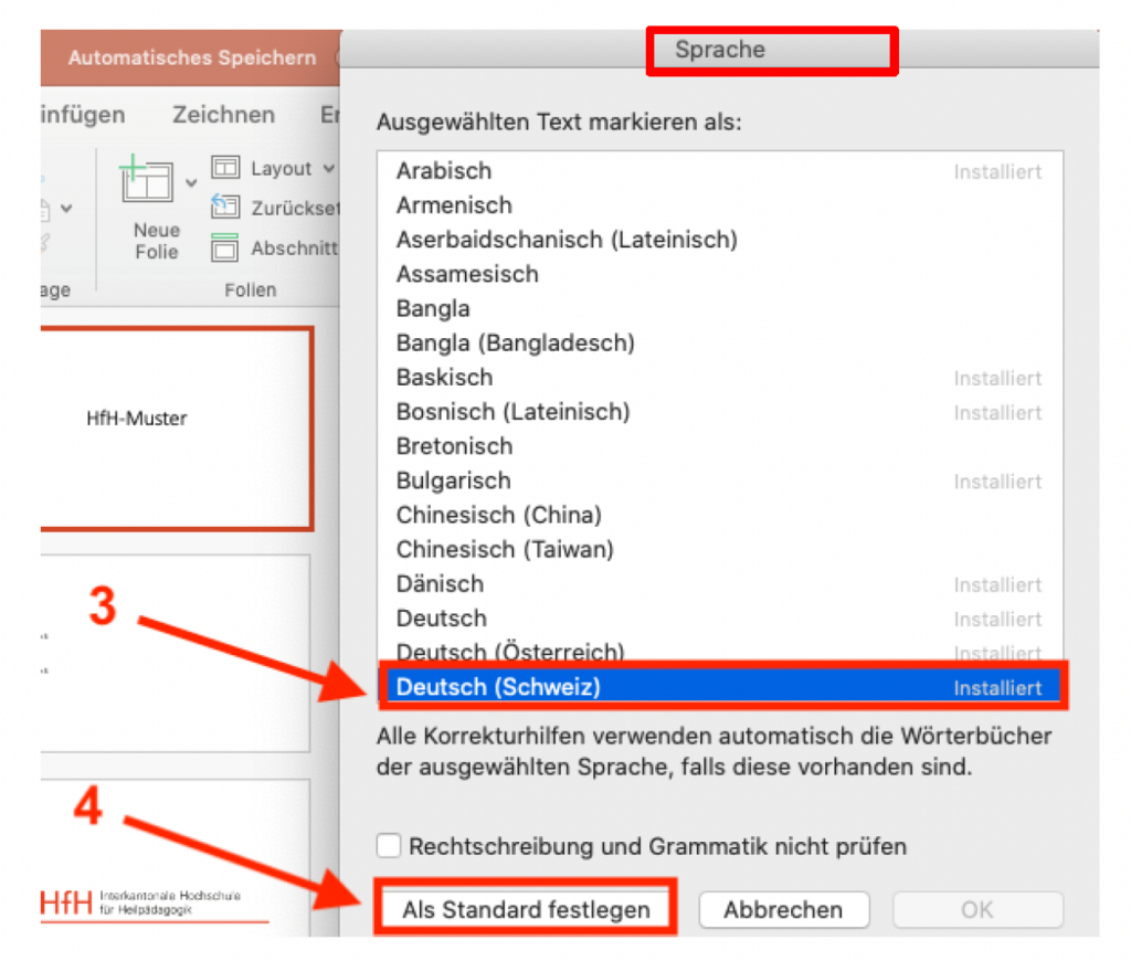 Schermata di MS PowerPoint che mostra come cambiare o impostare la lingua predefinita.