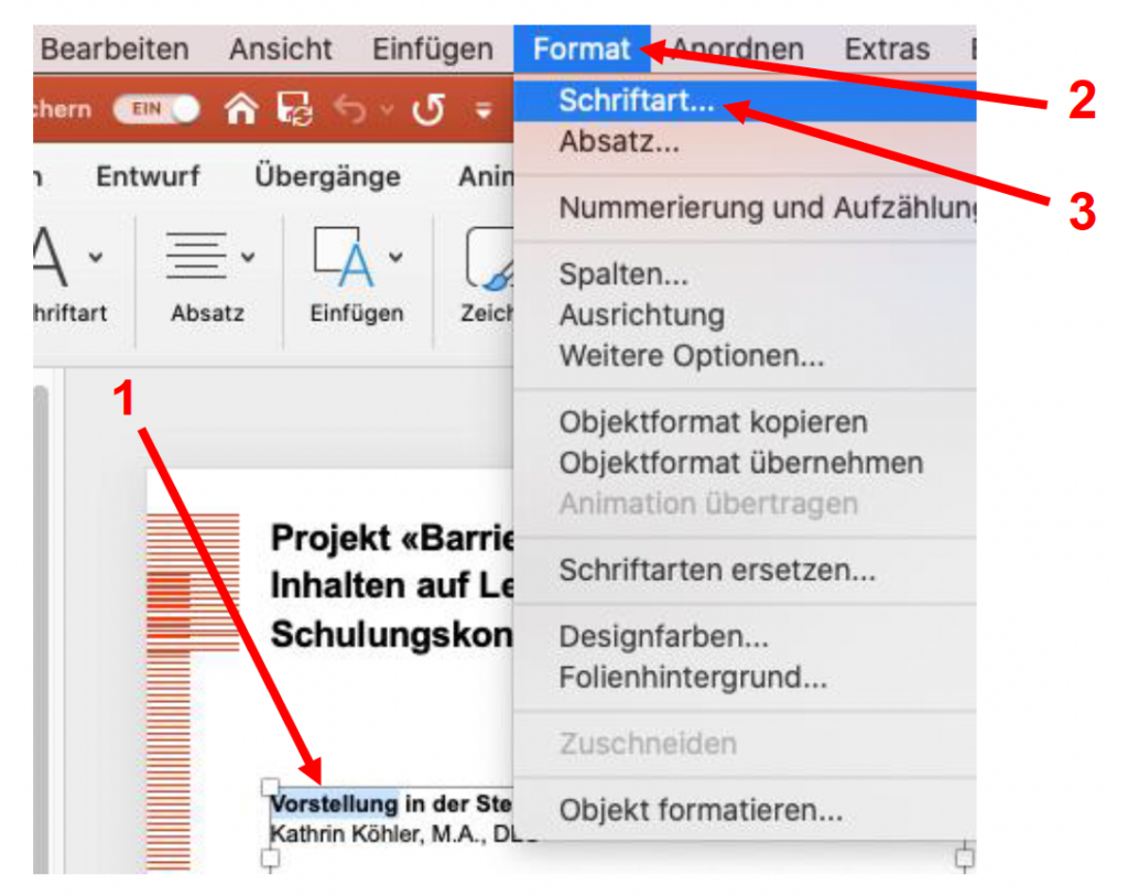 Screenshot von MS PowerPoint, der Formatierung der Schriftart zeigt.