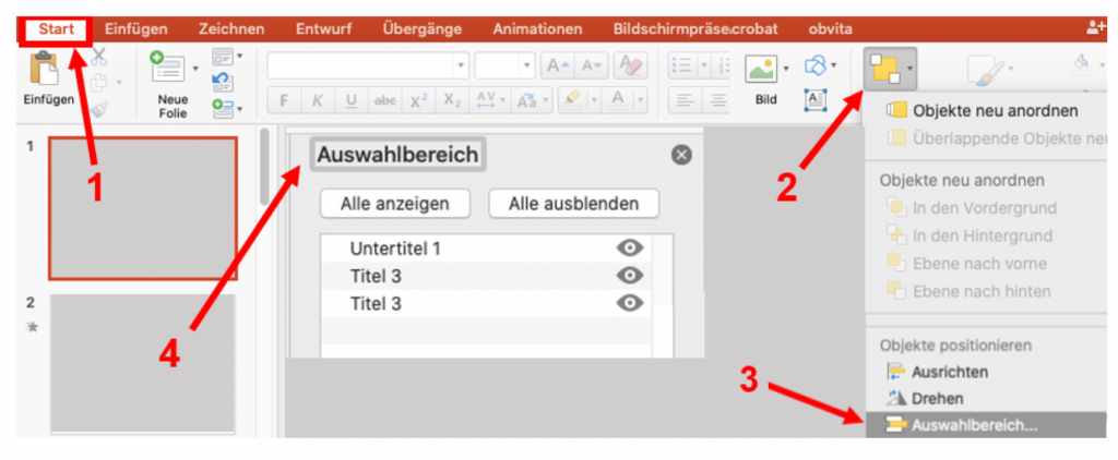 Schermata di MS PowerPoint che mostra la definizione dell'ordine di lettura.