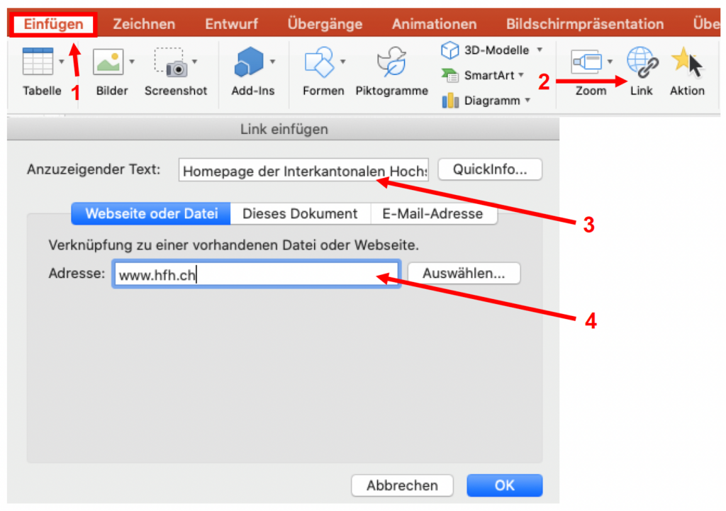 Schermata di MS PowerPoint che mostra la finestra "Inserisci collegamento" per la formattazione del collegamento.