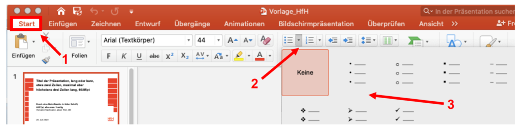 Schermata di MS PowerPoint che mostra la selezione del formato di enumerazione.