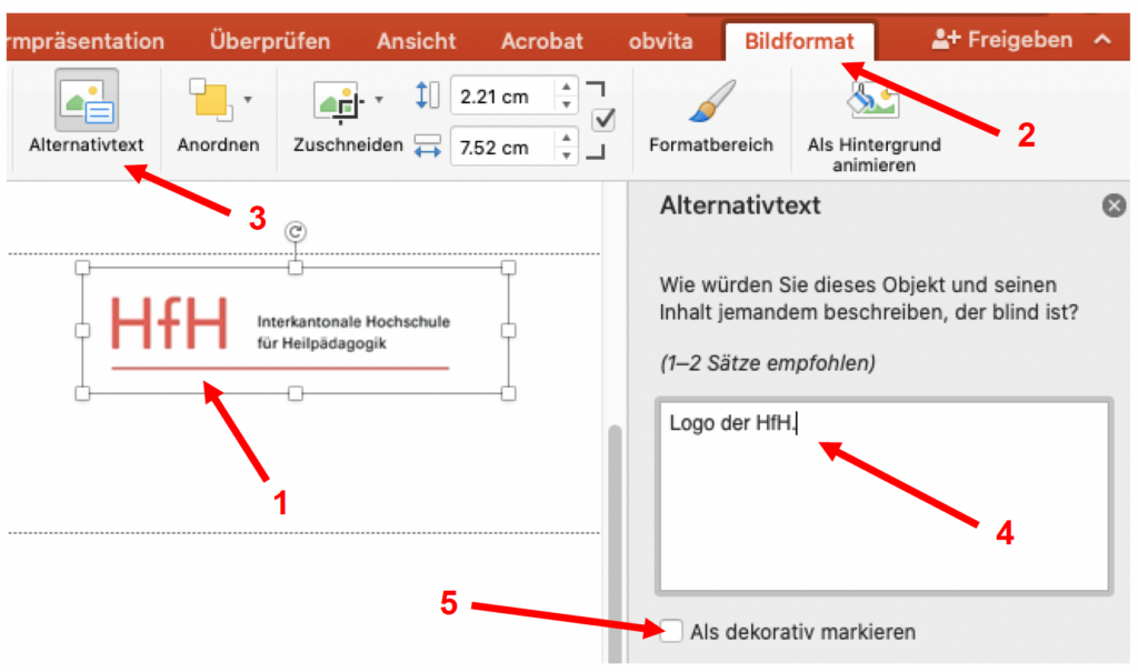 Screenshot von MS PowerPoint, der ein markiertes Foto hervorhebt sowie im Menüband die Schaltfläche "Alternativtext". Im Bereich Alternativtext zeigt ein Pfeil auf das Textfeld, in dem der Alternativtext eingegeben werden muss. Darunter befindet sich die Checkbox "Als dekorativ markieren".