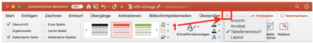 Schermata di MS PowerPoint che mostra il pulsante "Altro" nel caso in cui alcune schede non vengano visualizzate.