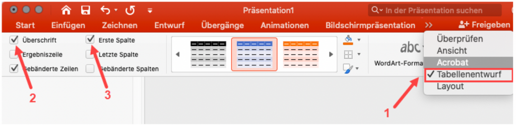 Schermata di MS PowerPoint che mostra l'impostazione delle intestazioni di riga o colonna nelle tabelle.