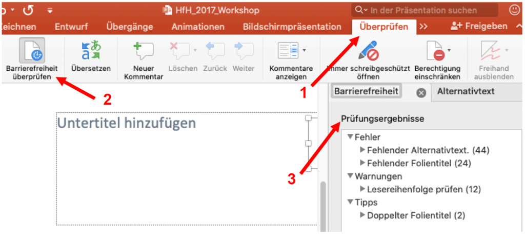 Schermata di MS PowerPoint che evidenzia la scheda "Revisione" e il pulsante "Verifica accessibilità" nella barra multifunzione. Nella schermata si può notare che la sezione "Verifica risultati" si trova nell'area "Accessibilità". Come risultati del controllo vengono visualizzati errori, avvisi e suggerimenti.