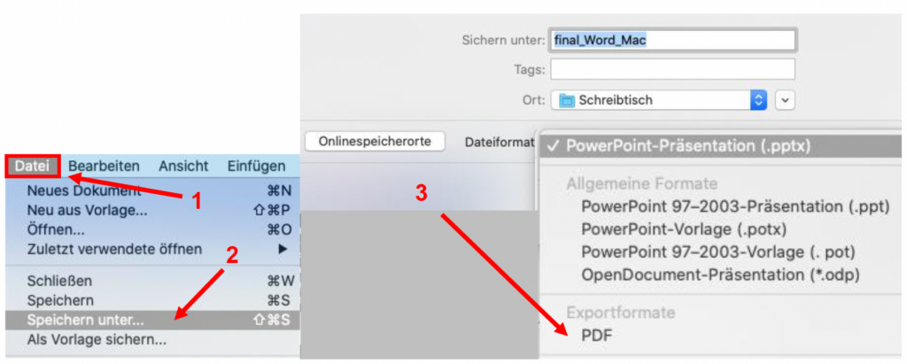 Schermata di MS Word che mostra il salvataggio come PDF.