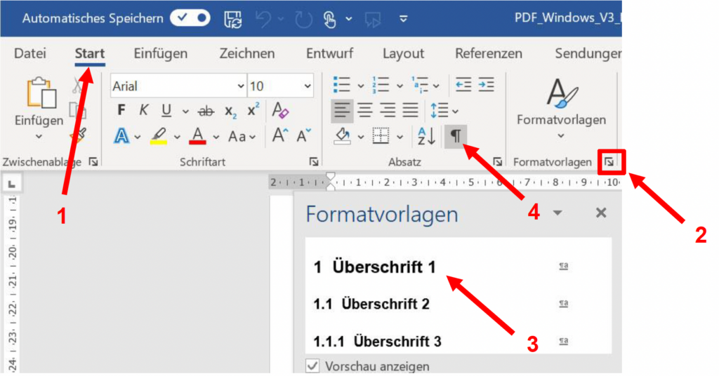 Schermata di MS Word che mostra i pulsanti descritti.