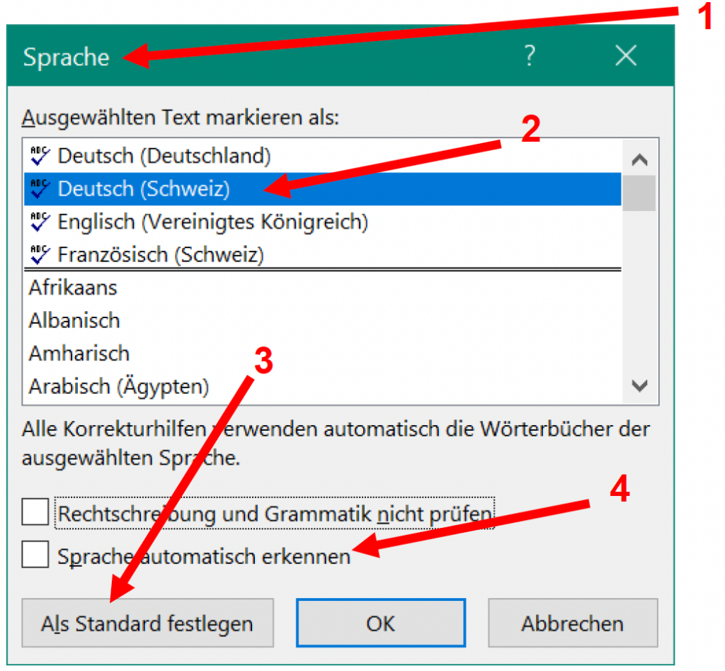 Schermata di MS Word che mostra la finestra "Lingua". È possibile selezionare diverse lingue da un elenco, tra cui "Tedesco (Svizzera)". Sotto l'elenco delle lingue si trova il pulsante "Imposta come predefinita", che è evidenziato.