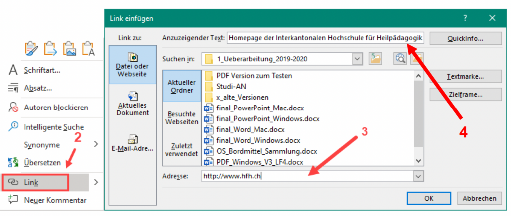 Screenshot von MS Word, der das korrekte Einfügen eines Links zeigt.