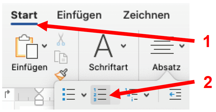 Screenshot von MS Word, der den Einzug einer Liste anzeigt.