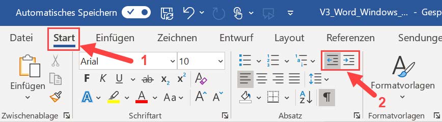 Schermata di MS Word che mostra l'indentazione di un elenco.