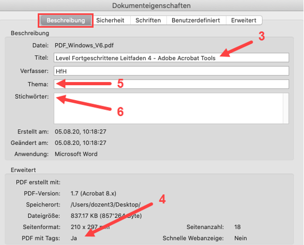 Screenshot des Fensters Dokumenteigenschaften von Adobe Acrobat Pro, auf dem die vorgängig beschriebenen Schritte hervorgehoben sind.