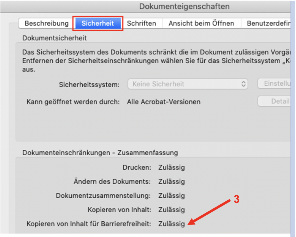 Screenshot des Fensters Dokumenteigenschaften von Adobe Acrobat Pro, auf dem die vorgängig beschriebenen Schritte hervorgehoben sind.