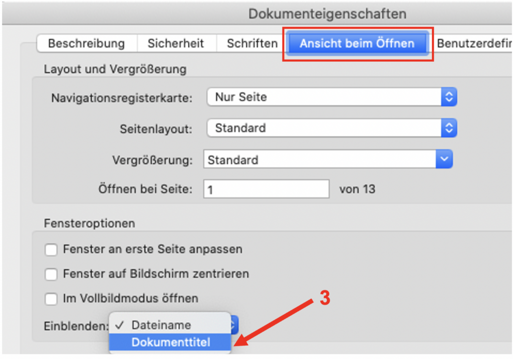 Screenshot des Fensters Dokumenteigenschaften von Adobe Acrobat Pro, auf dem die vorgängig beschriebenen Schritte hervorgehoben sind.