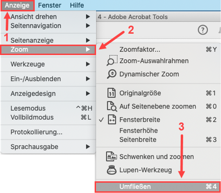 Screenshot von Adobe Acrobat Pro. Im Reiter Anzeige sind die Menüeinträge Zoom und Umfliessen hervorgehoben.