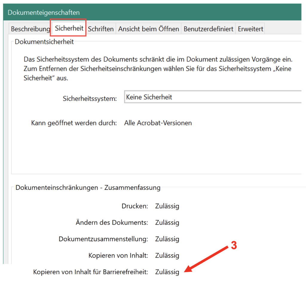 Screenshot des Fensters Dokumenteigenschaften von Adobe Acrobat Pro, auf dem die vorgängig beschriebenen Schritte hervorgehoben sind.