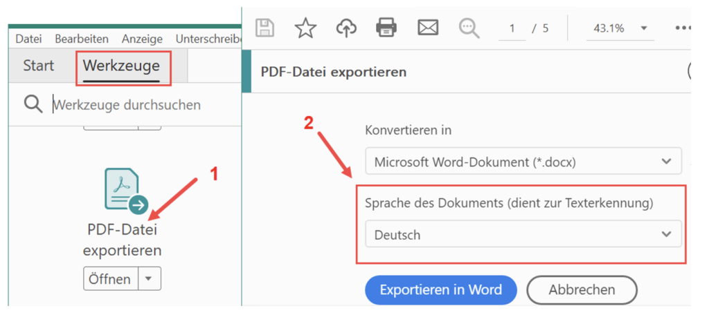 Screenshot von Adobe Acrobat Pro, auf dem die vorangegangenen Schritte abgebildet sind.