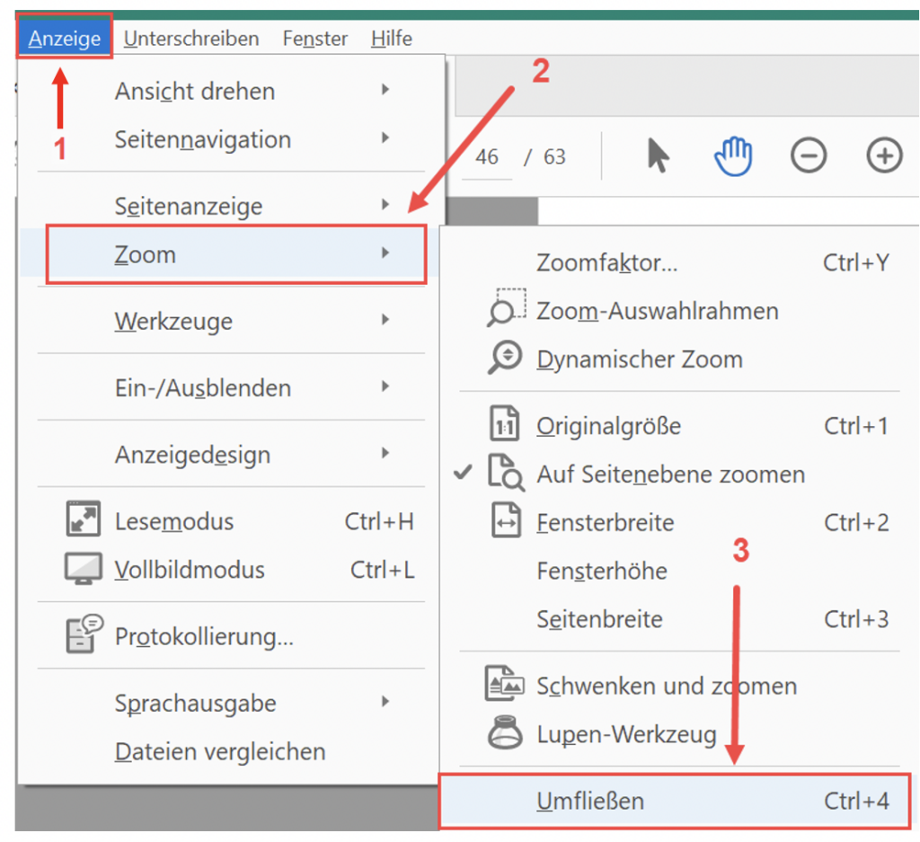 Screenshot von Adobe Acrobat Pro. Im Reiter Anzeige sind die Menüeinträge Zoom und Umfliessen hervorgehoben.