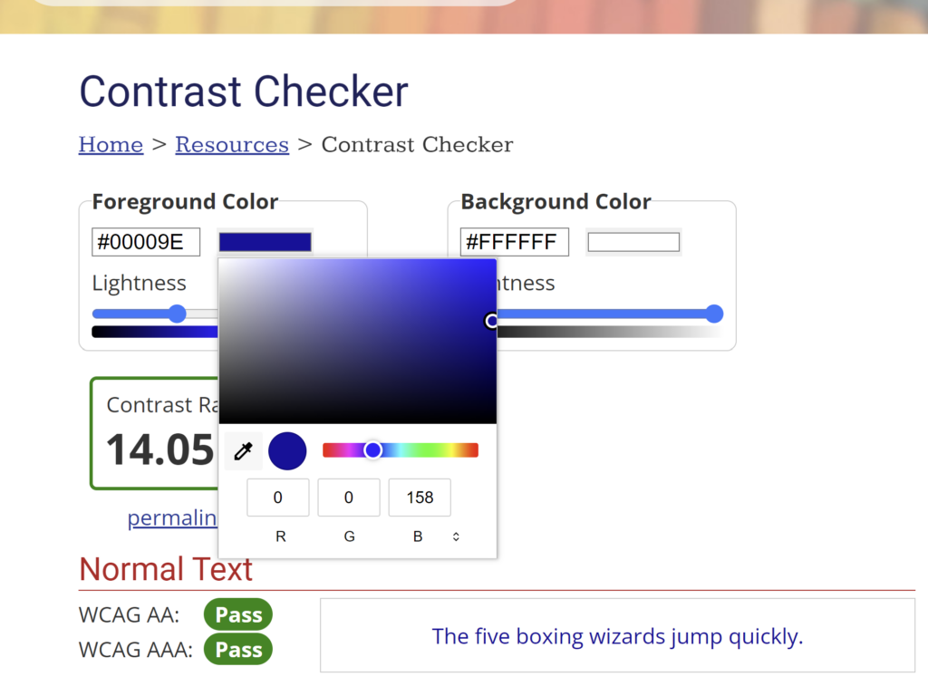 Schermata del sito web https://webaim.org/resources/contrastchecker/. Per informazioni dettagliate sull'immagine, vedere la descrizione dettagliata dell'immagine qui sotto.