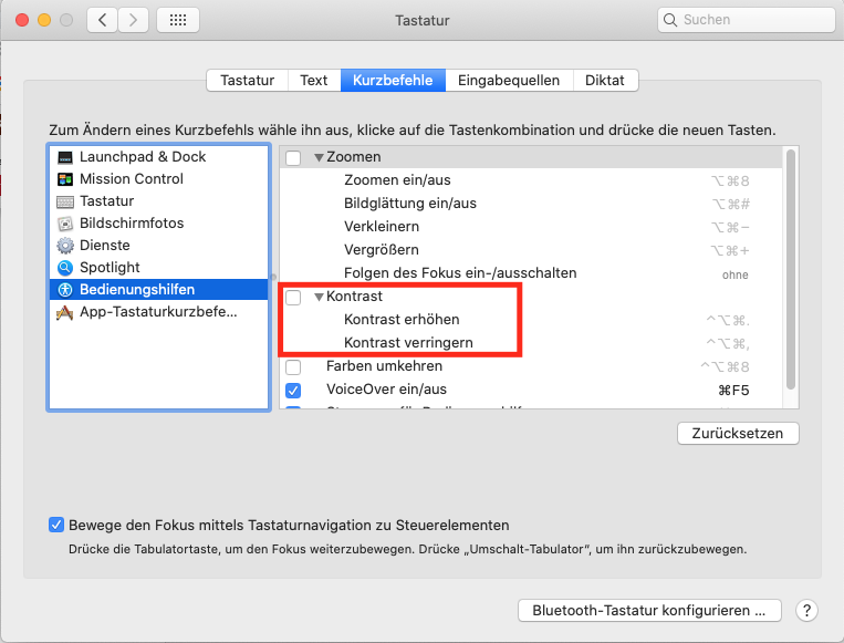 Schermata del Pannello di controllo della tastiera di macOS, sezione Accessibilità. Vedi alcune scorciatoie, le scorciatoie evidenziate sono quelle per aumentare e diminuire il contrasto.