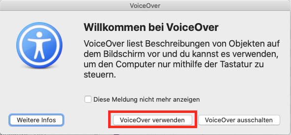 Nella schermata viene evidenziato il pulsante "Usa VoiceOver".