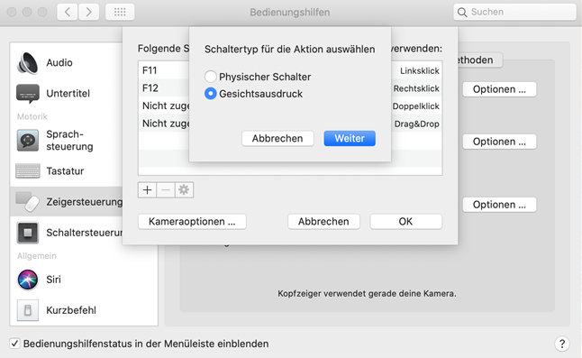 Schermata di macOS su Controllo puntatore > Tipo di interruttore per la selezione delle azioni > Espressione facciale.