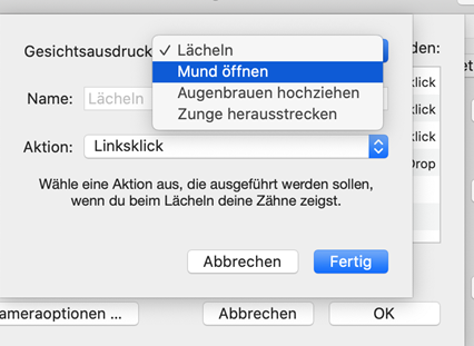 Schermata di selezione macOS nell'opzione Espressione facciale. Il campo Nome specifica la selezione Sorriso, Bocca aperta, Sopracciglia sollevate e Lingua sporgente.