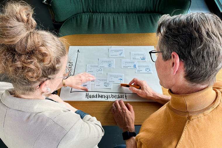 Schulleiter bespricht mit Lehrperson anhand des Kartensets «Digitale Kompetenzen von Lehrpersonen» ihre Digitalkompetenzen