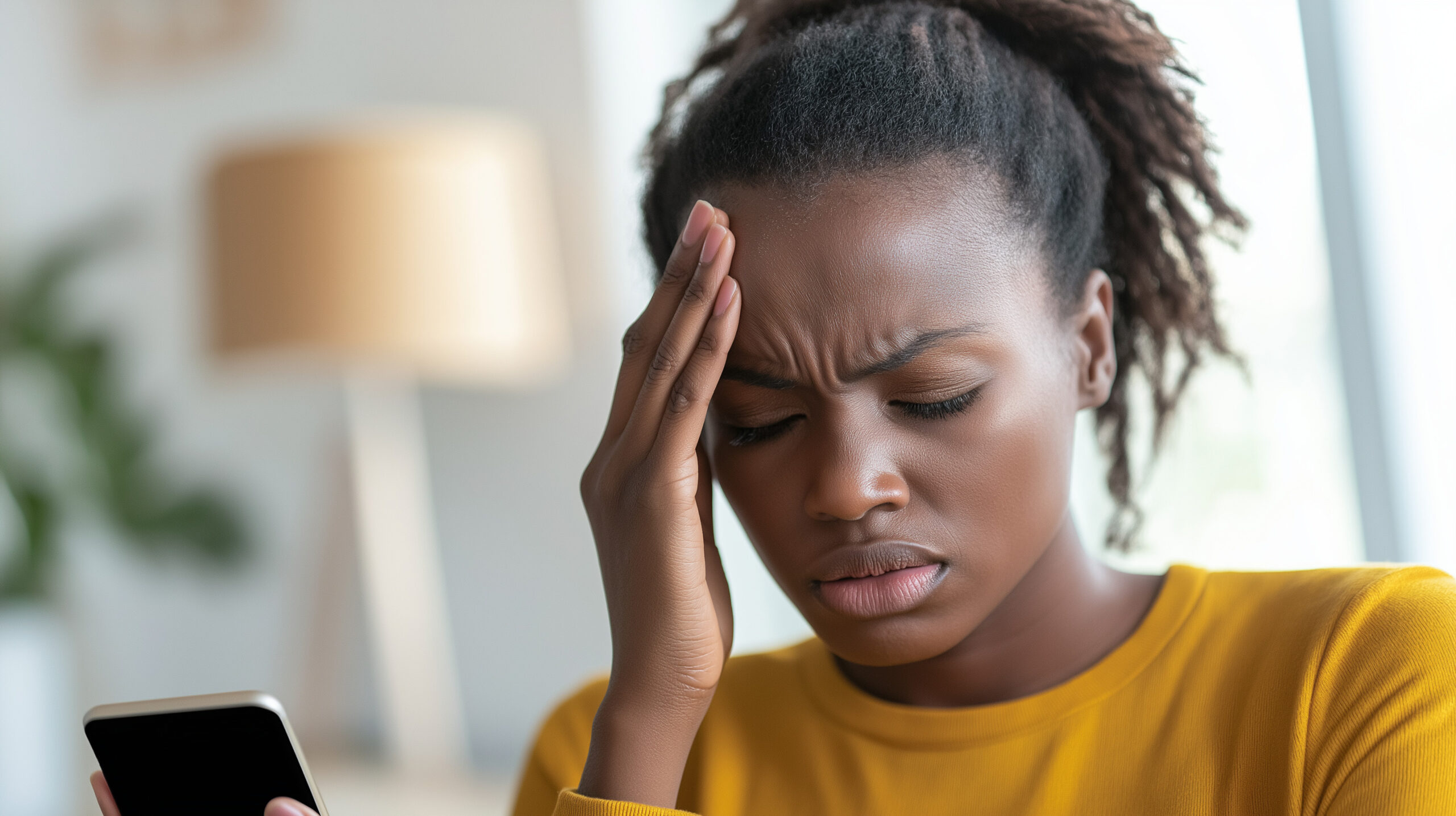 Persona in difficoltà che si tiene la testa tra le mani e fissa il telefono, riflettendo le sfide moderne e le difficoltà emotive dell'era digitale.