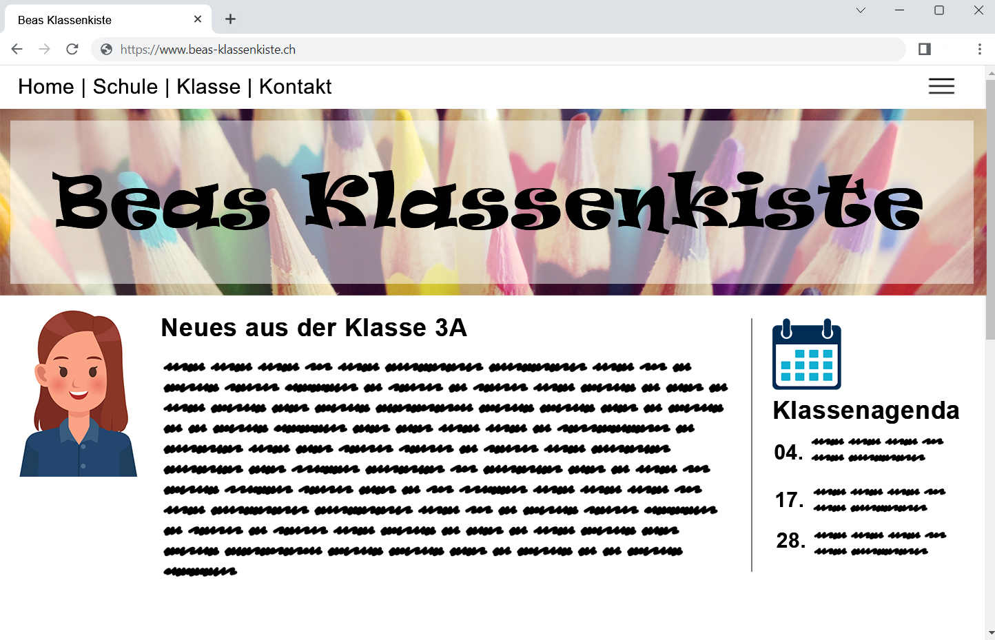 Printscreen einer Klassenwebseite mit dem Titel "Beas Klassenkiste"