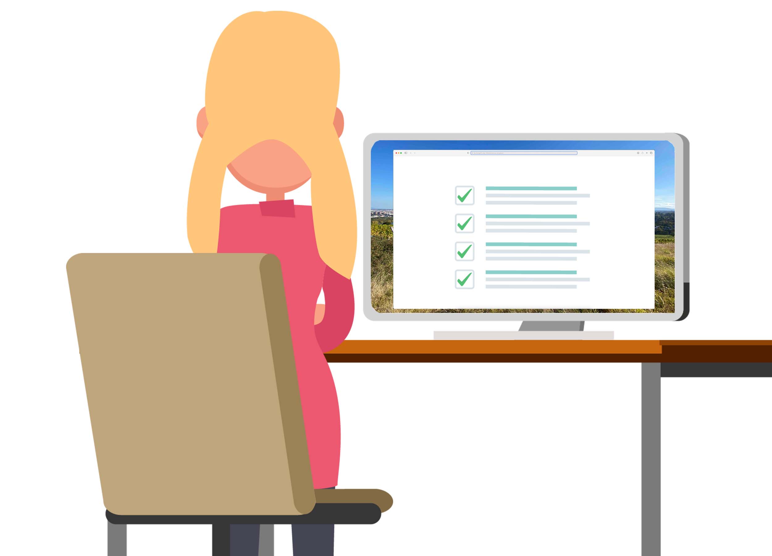 Die Illustration zeigt ein blondes Mädchen im pinken Kleid von hinten auf einem Stuhl. Sie sitzt an einem Tisch mit einem Computer. Auf dem Bildschirm ist ein Formular mit angehakten Checkboxen zu sehen. 