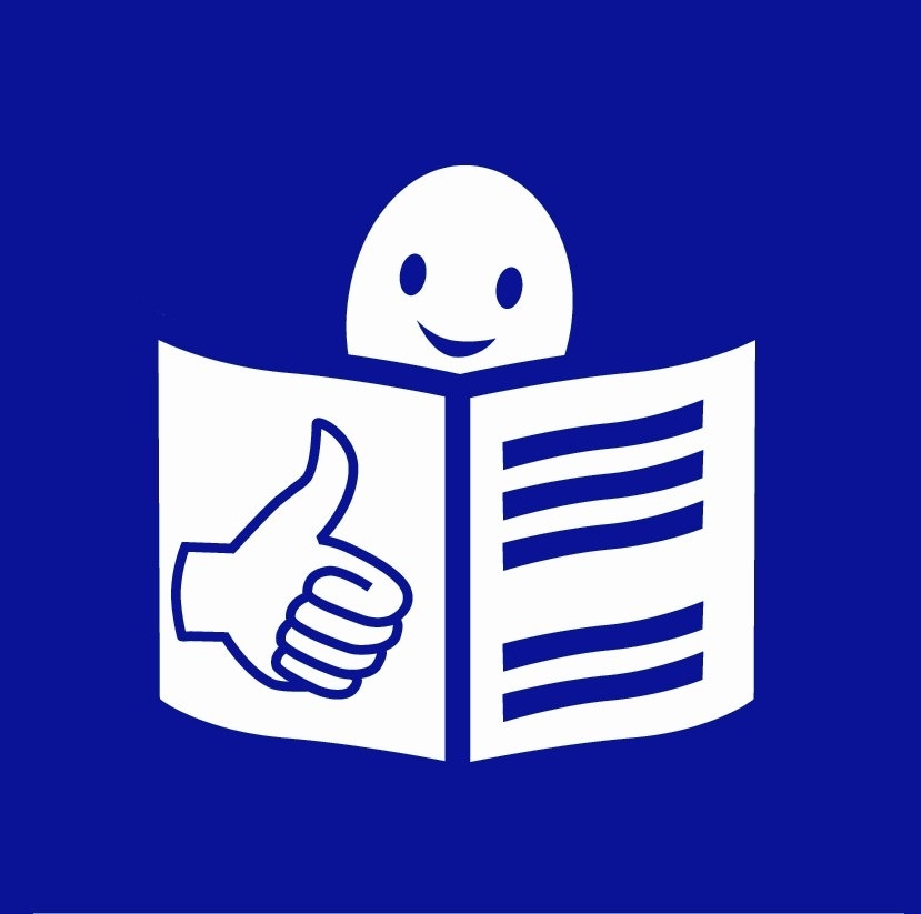 Das Logo von European Easyto-Read zeigt weiss auf blau einen Smiley hinter einem Buch. Auf dem Buch hat es einen Daumen-nach-oben abgebildet.
