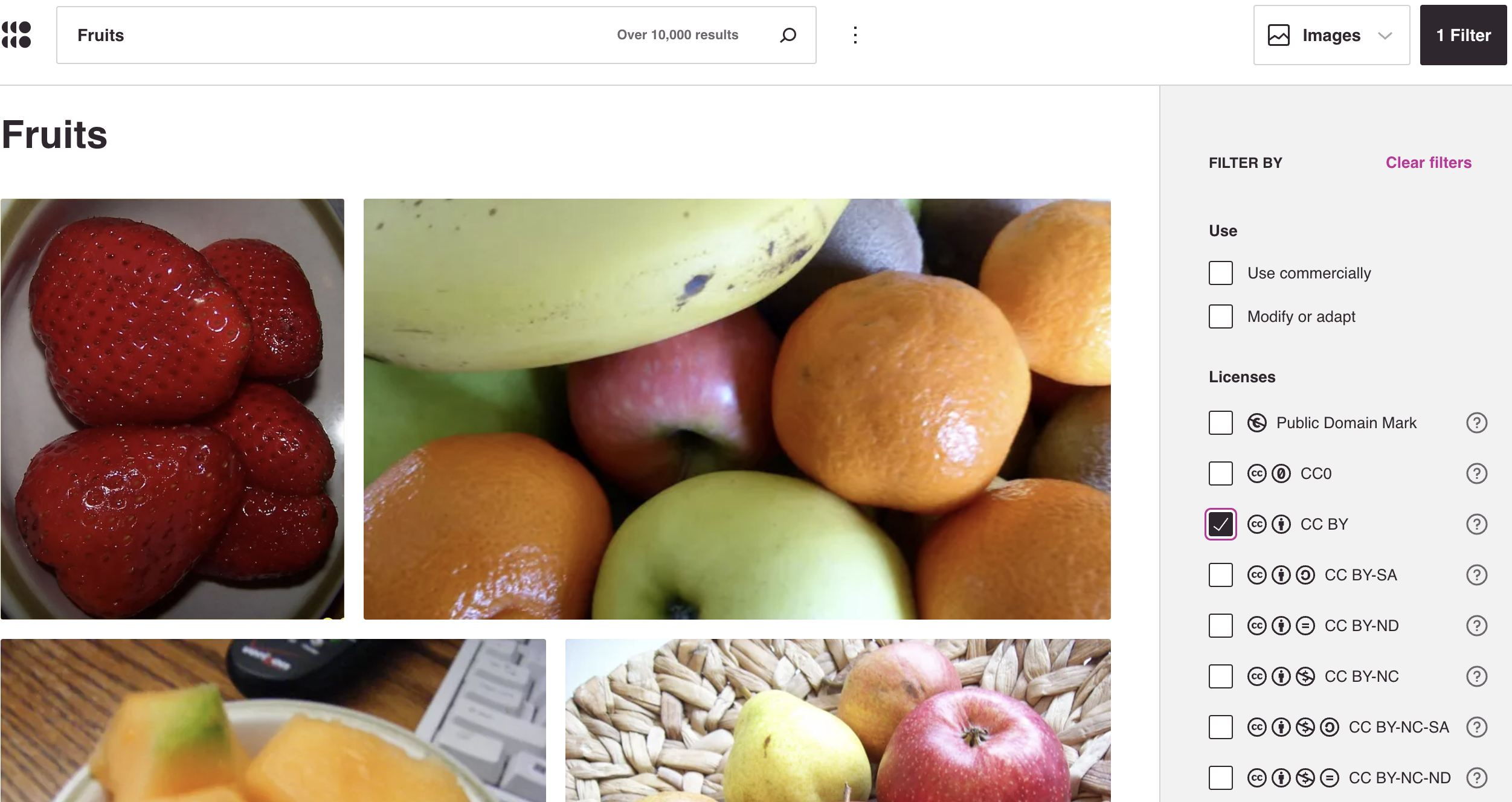 Printscreen der Bildersuche Openverse nach einer Suche nach dem Stichwort "Fruits" und der Lizenz-Einschränkung auf CC-BY-Bilder.
