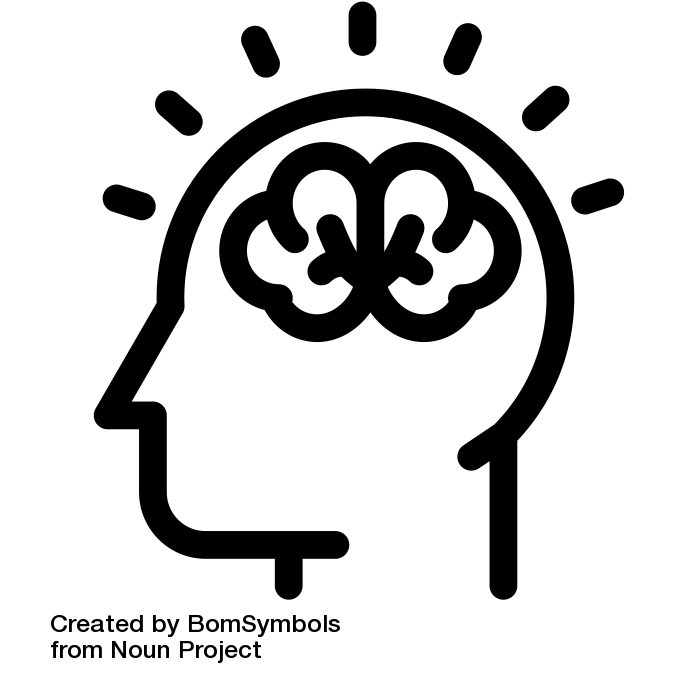 Das Piktogramm zeigt den Umriss von einem gezeichneten Kopf von der Seite in 2D. Im Kopf ist das Hirn gezeichnet. Um den Schädel gibt es kurze Striche.
