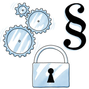 Symbole für Datenschutz- und Privatsphäreeinstellungen: Zahnräder, Schloss, Paragraphen-Symbol