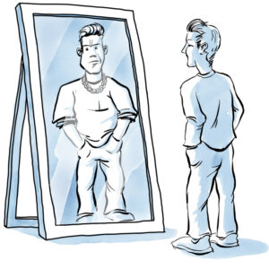Selbstbild: Marc betrachtet sich im Spiegel und sieht einen Muskelprotz