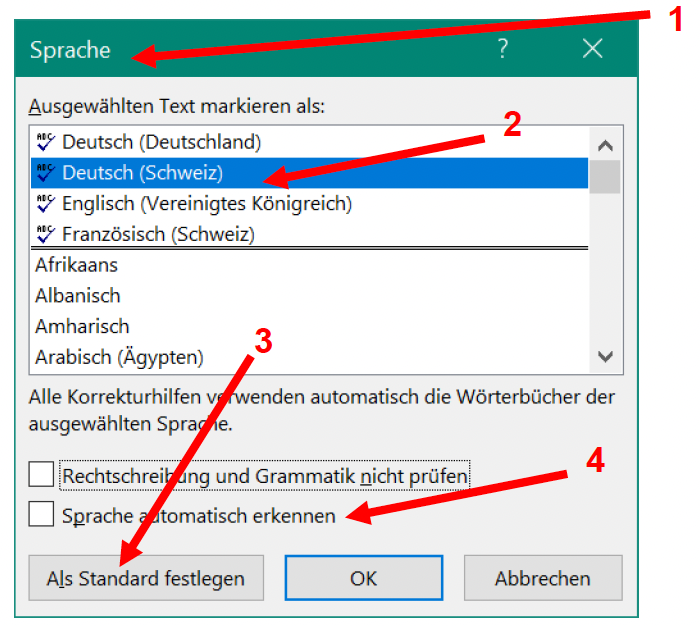 Screenshot von MS Word, der das Fenster "Sprache" zeigt. In einer Liste können verschiedene Sprachen ausgewählt werden, darunter "Deutsch (Schweiz)". Unter der Liste mit den Sprachen befindet sich u. a. eine Schaltfläche "Als Standard festlegen", die hervorgehoben wird.