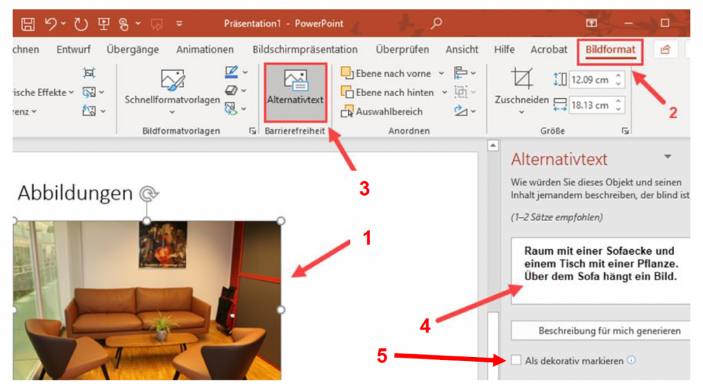 Screenshot von MS PowerPoint, der ein markiertes Foto hervorhebt sowie im Menüband die Schaltfläche "Alternativtext". Im Bereich Alternativtext zeigt ein Pfeil auf das Textfeld, in dem der Alternativtext eingegeben werden muss. Darunter befindet sich die Checkbox "Als dekorativ markieren".