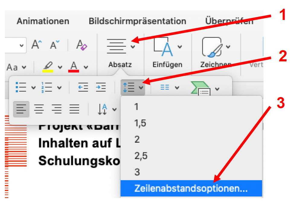 Screenshot von MS PowerPoint, in dem die Schaltflächen "Absatz", "Zeilenabstand" und "Zeilenabstandsoptionen" hervorgehoben werden.