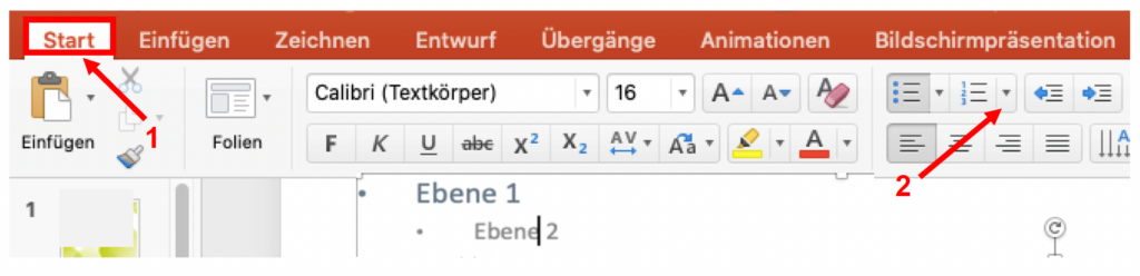 Screenshot von MS PowerPoint, der das Wechseln der Listenebenen zeigt.